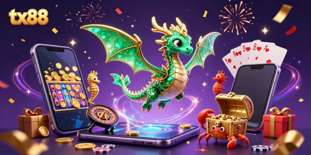 Engaging tx88 casino scene with a sea dragon, treasure, smartphone games, and festive elements.
