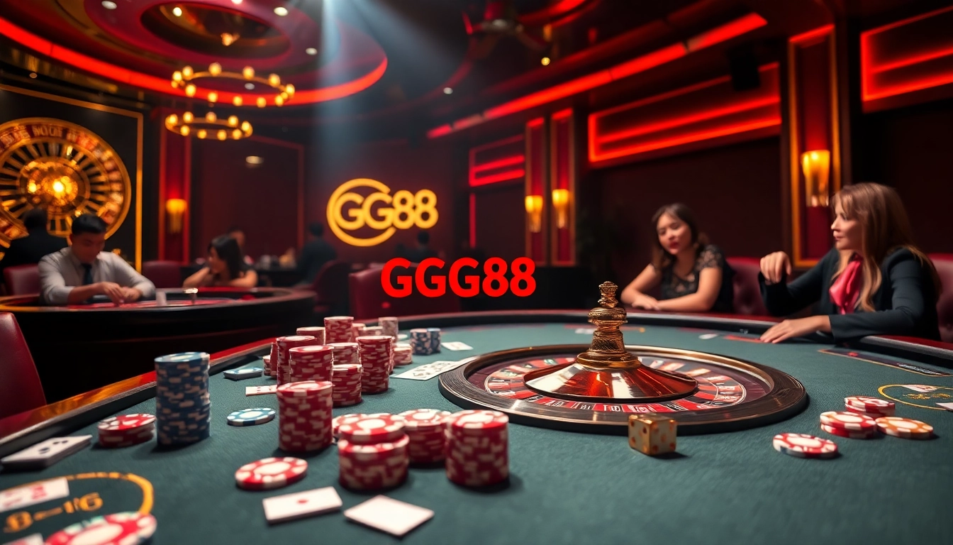 Experience the thrill of GG88 gaming with vibrant poker chips and a luxurious roulette wheel.