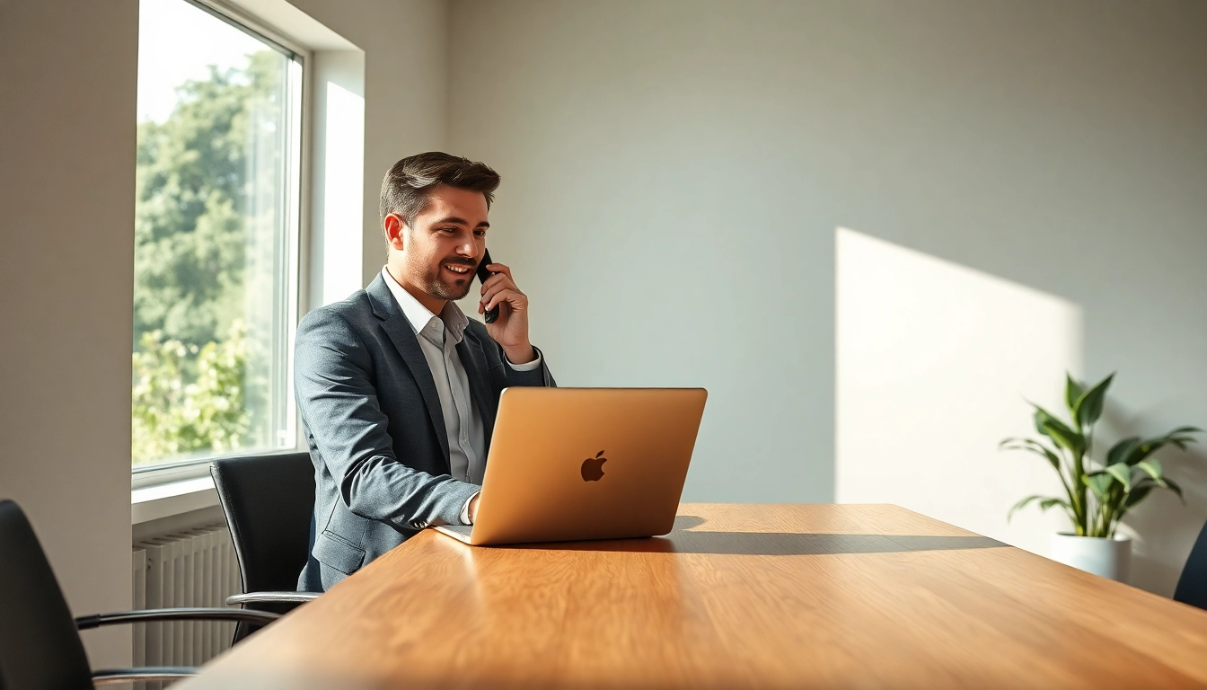 Professioneller Headhunter IT im Büro, der einen Kandidaten berät und gleichzeitig am Laptop arbeitet.