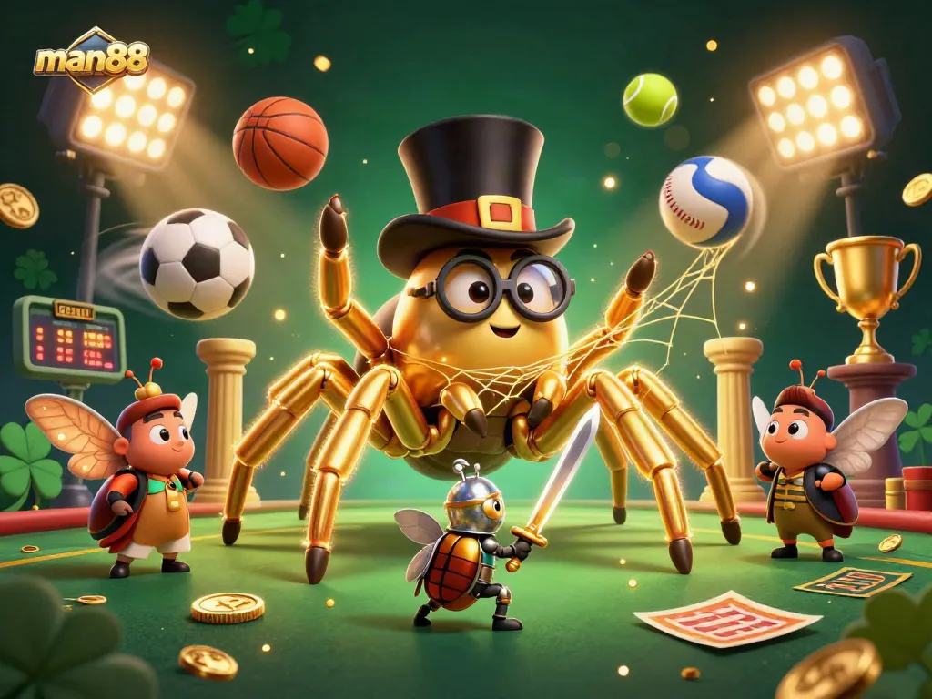 Experience thrilling sports betting with man88 in this vibrant 3D illustration featuring action-packed elements.