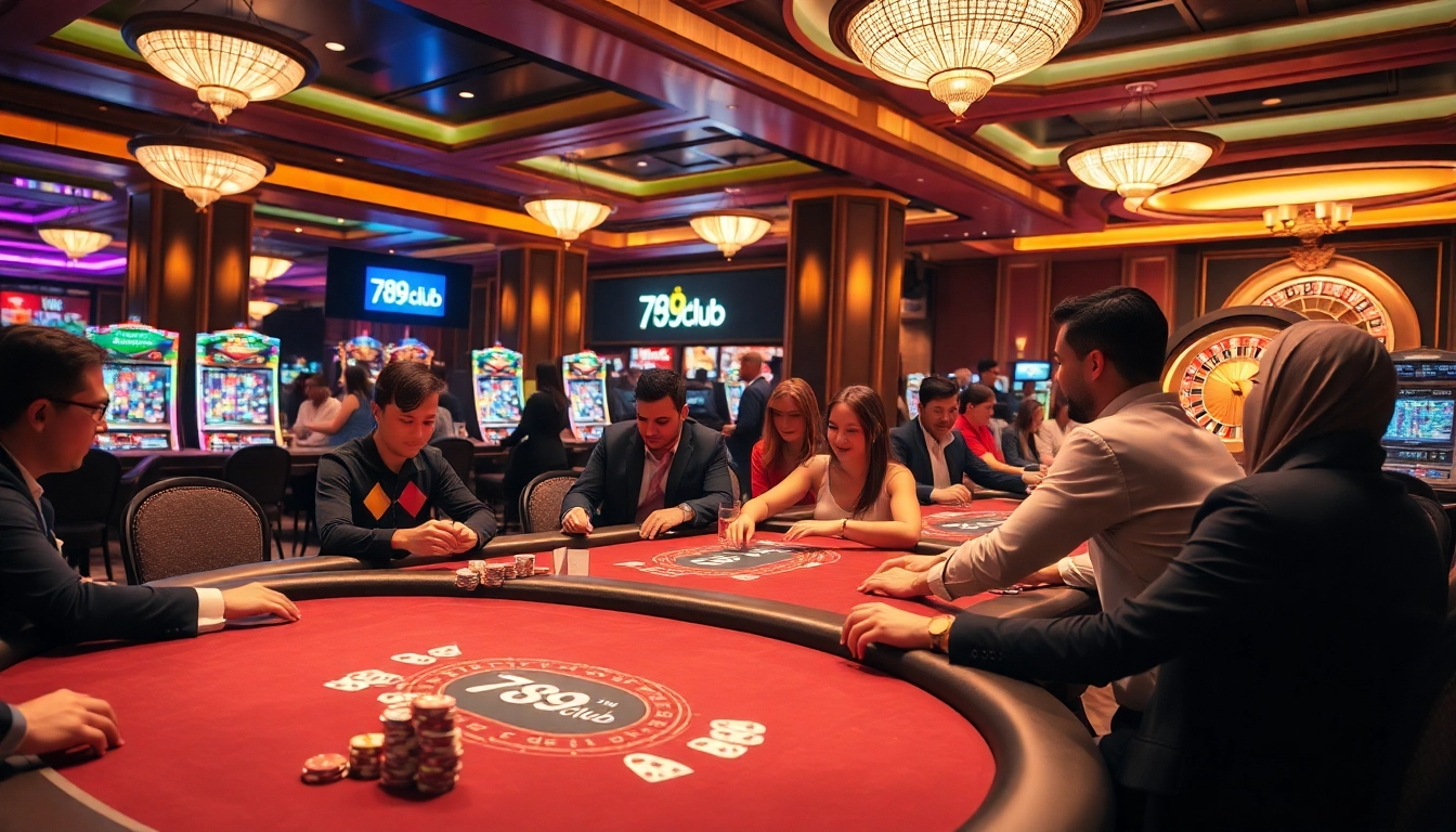 Exciting gameplay at 789club's luxurious casino with vibrant slot machines and poker tables.