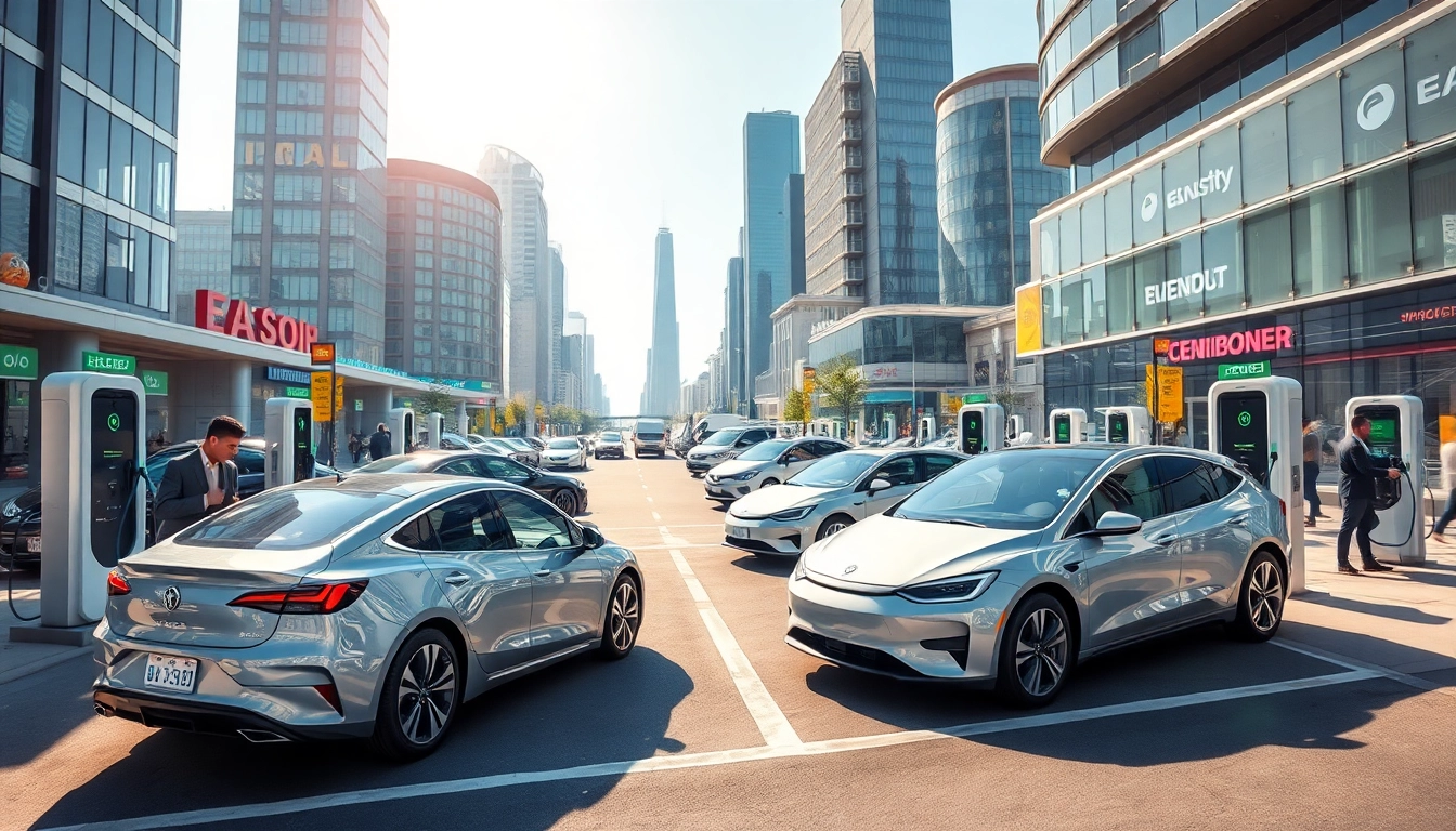 Elektroautos in futuristischer Stadt mit Ladestation und dynamischer Atmosphäre erleben.