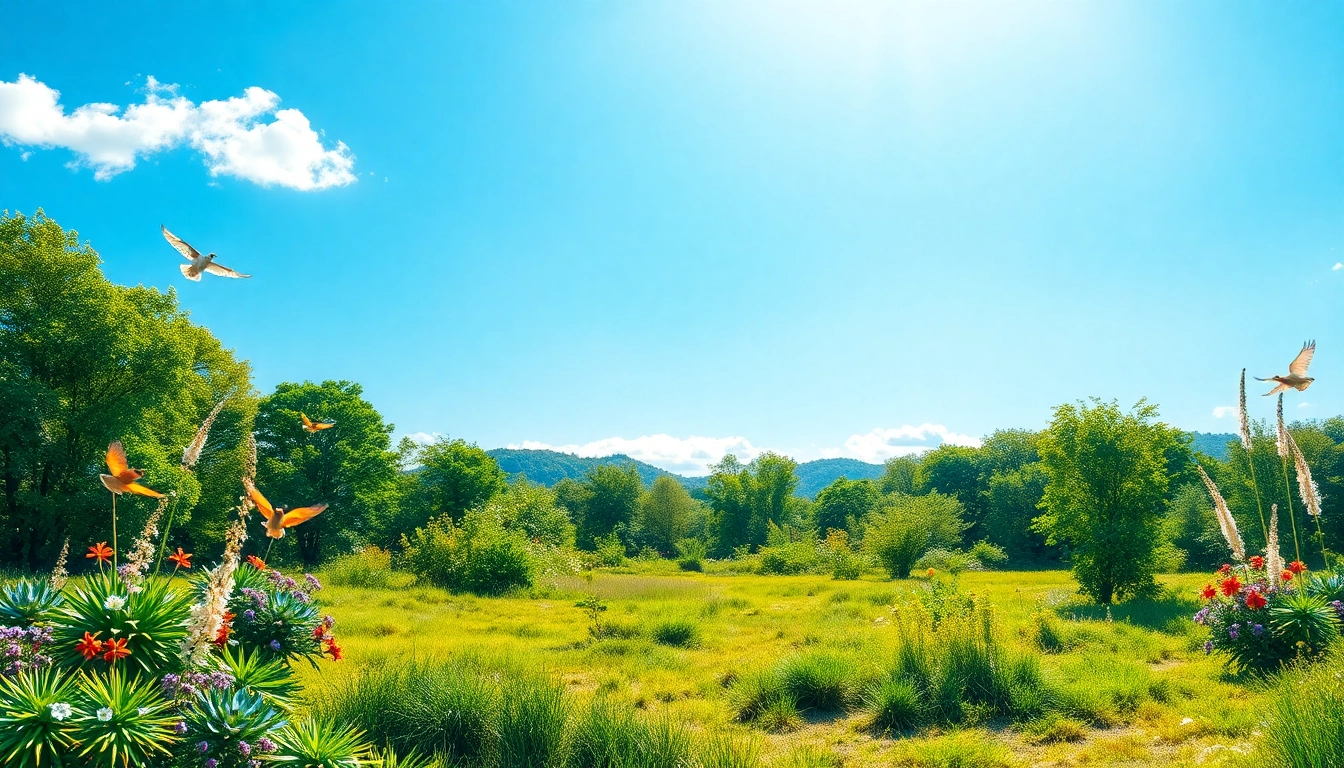 Visualize Klima through a vibrant landscape displaying diverse plants and a clear sky.