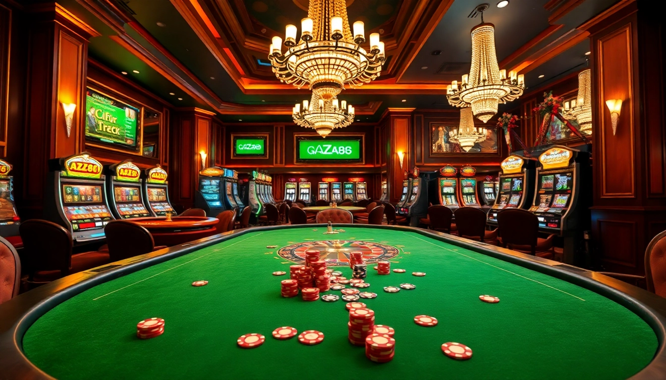 AZ88 gaming scene with poker chips, roulette wheel, and luxury casino ambiance.