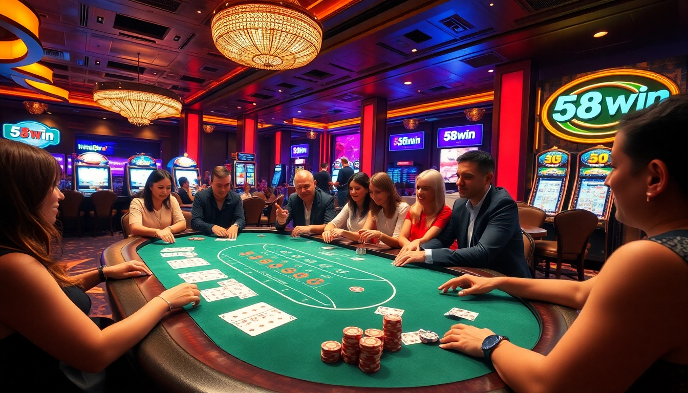 Players enjoying a thrilling poker game at 58win casino with vibrant atmosphere and lights.