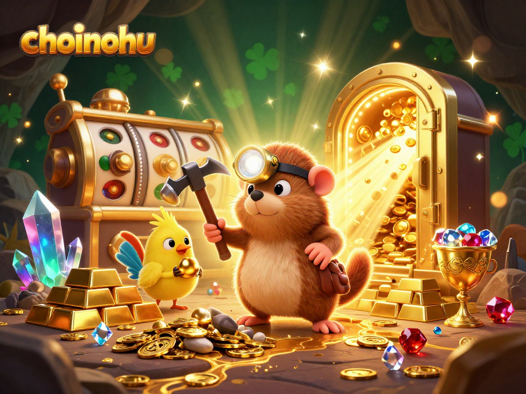 Spin and win at choinohu with this rich illustration of a mole treasure hunter amidst golden casino riches.