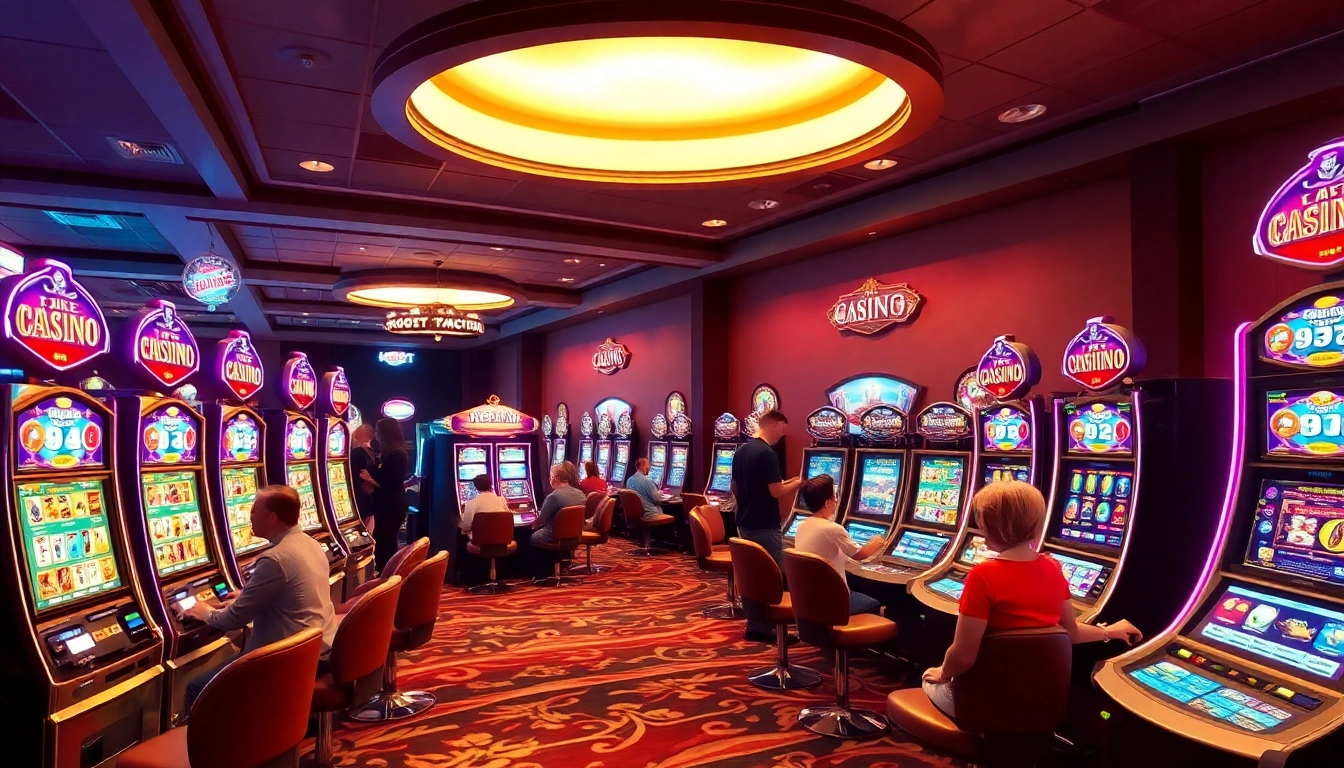 Spiele im Casino ohne Anmeldung: Glückliche Spieler an lebhaften Spielautomaten genießen das Spielvergnügen.