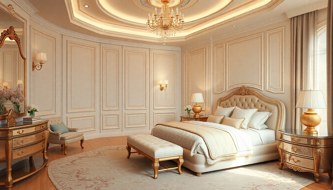 Experience luxury in a beautifully designed bedroom with elegant decor and warm lighting.