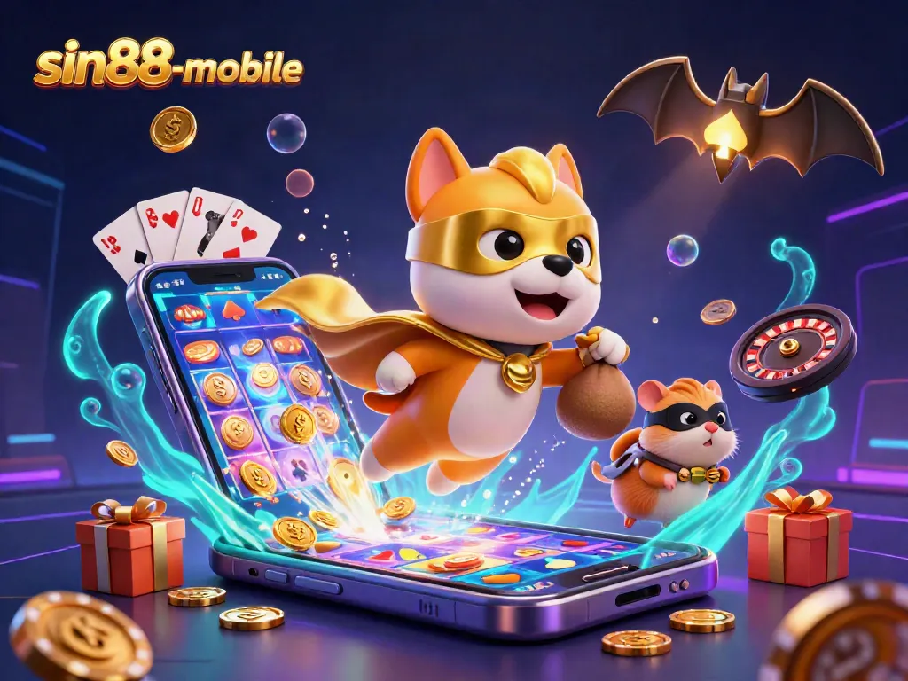 Experience thrills with sin88-mobile as a superhero dog and hamster collect winnings in an exciting casino scene.