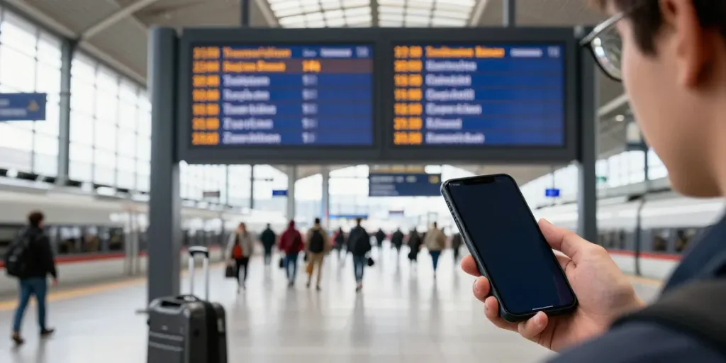 Zugtickets online buchen am modernen Bahnhof mit Reisendem.