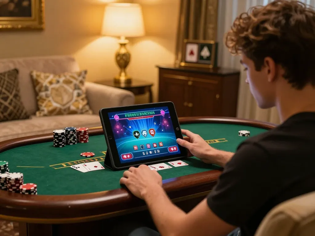 KJC player enjoying a live dealer blackjack game on a tablet in a cozy home setting.