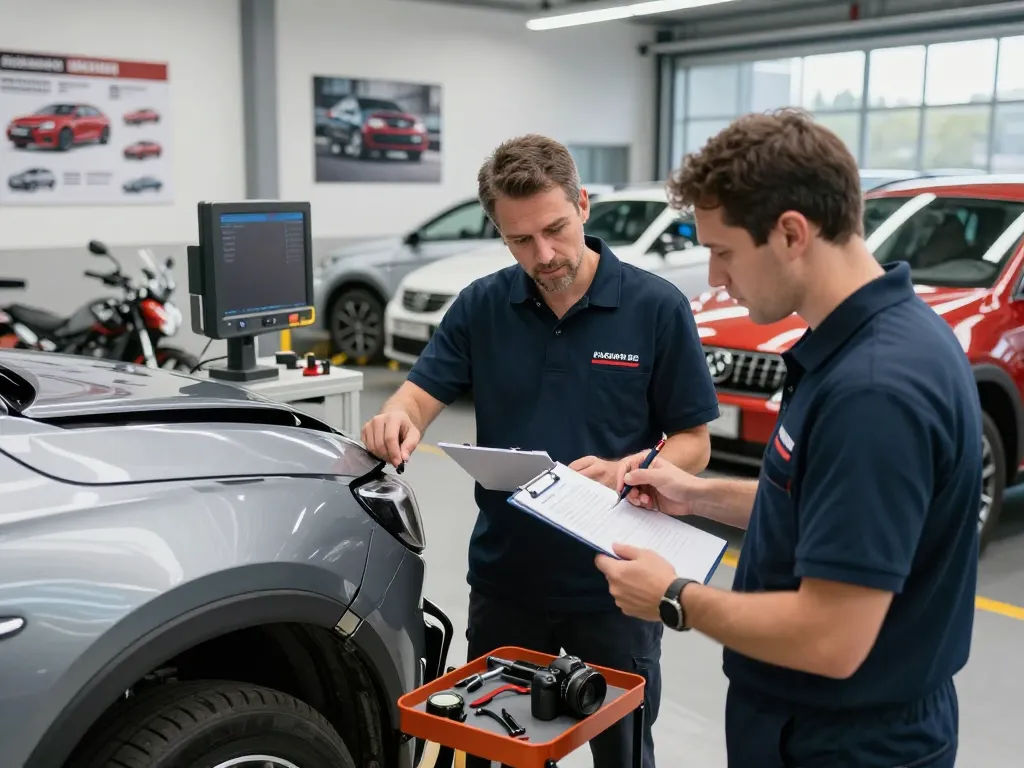 Kfz Sachverständiger Düren bewertet Fahrzeugschäden in der Werkstatt und präsentiert eine Expertenbewertung für Unfallbewertungen.