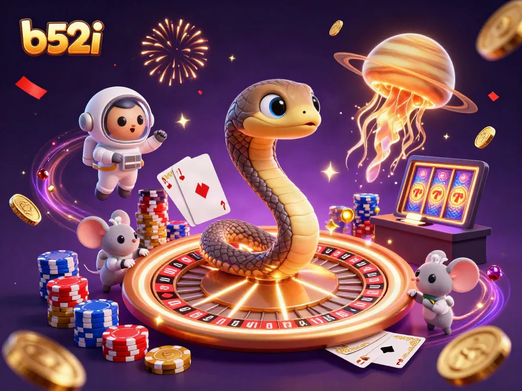 Engage with b52i's thrilling casino experience featuring a cosmic roulette scene.