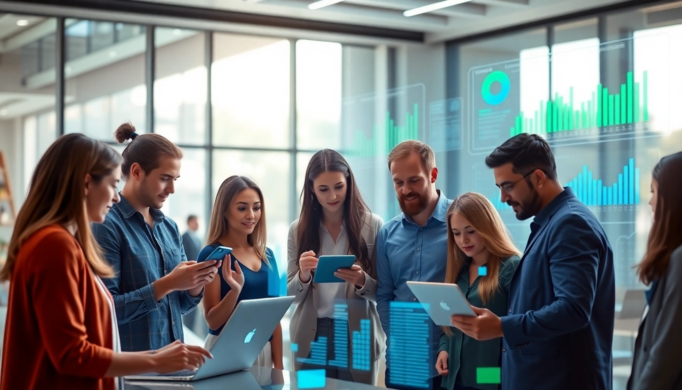 Internet Trends werden durch eine diverse Gruppe von Fachleuten in einer modernen Umgebung analysiert.
