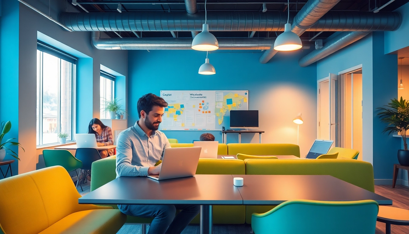 Ein kreatives Team einer Social Media Agentur arbeitet enthusiastisch in einem modernen Büro.