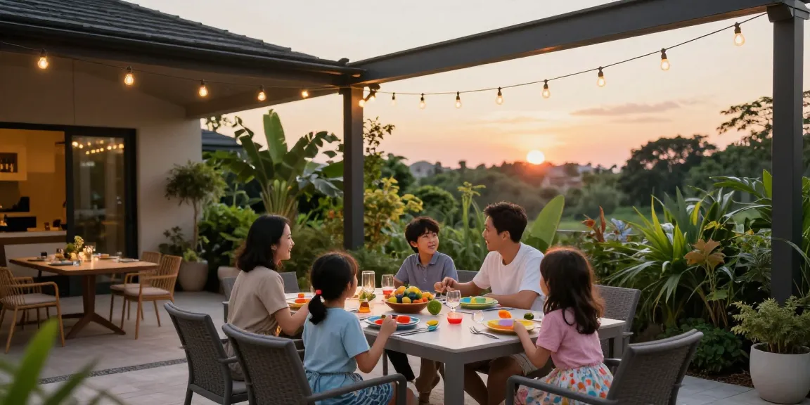 Freistehende Terrassenüberdachung über einem stilvollen Essbereich im Freien mit Familie und Garten.