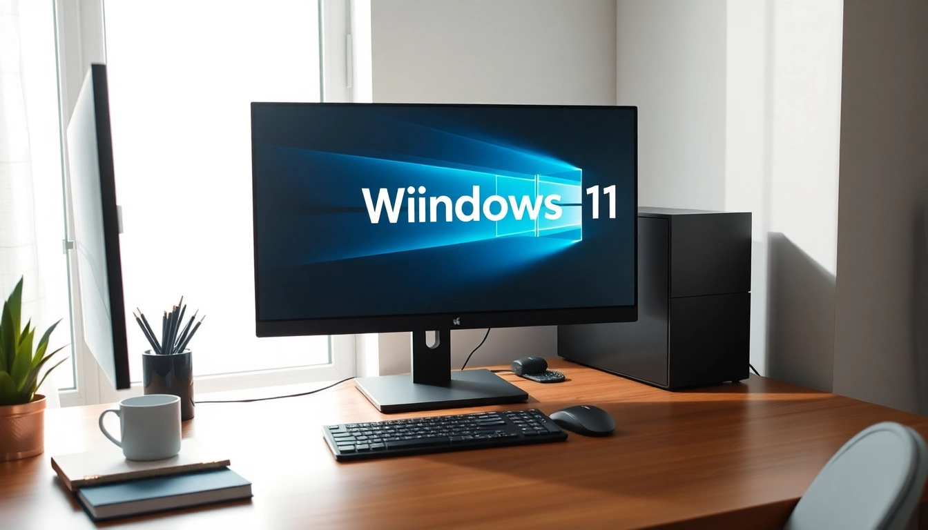 Arbeiten mit Windows 11 an einem modernen Arbeitsplatz mit stilvollem Zubehör.