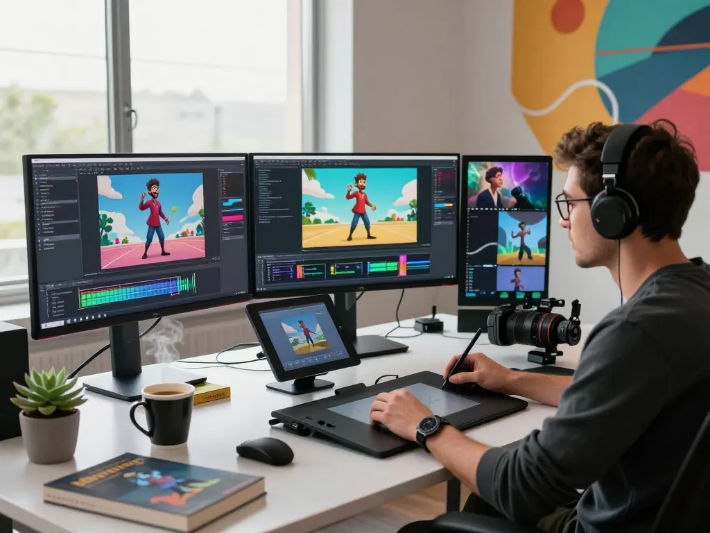 Dynamic workspace showcasing creative process with motion control ai tools and animated visuals.