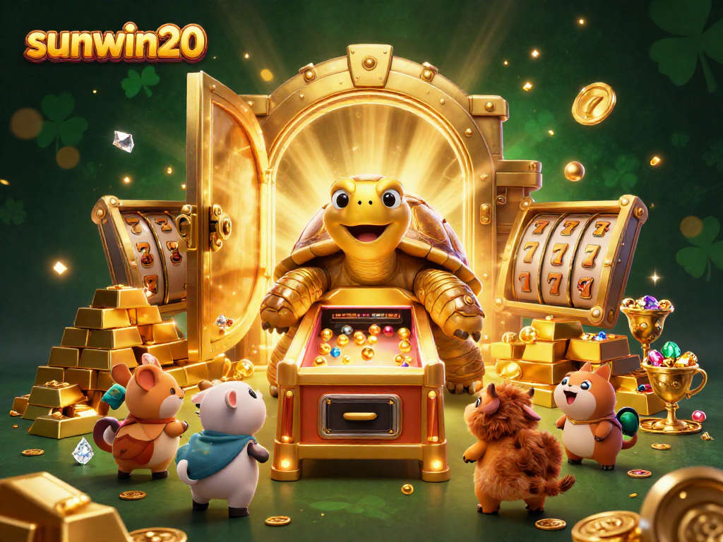 Experience dynamic gaming with sunwin20, featuring a golden tortoise slot machine and treasure elements.