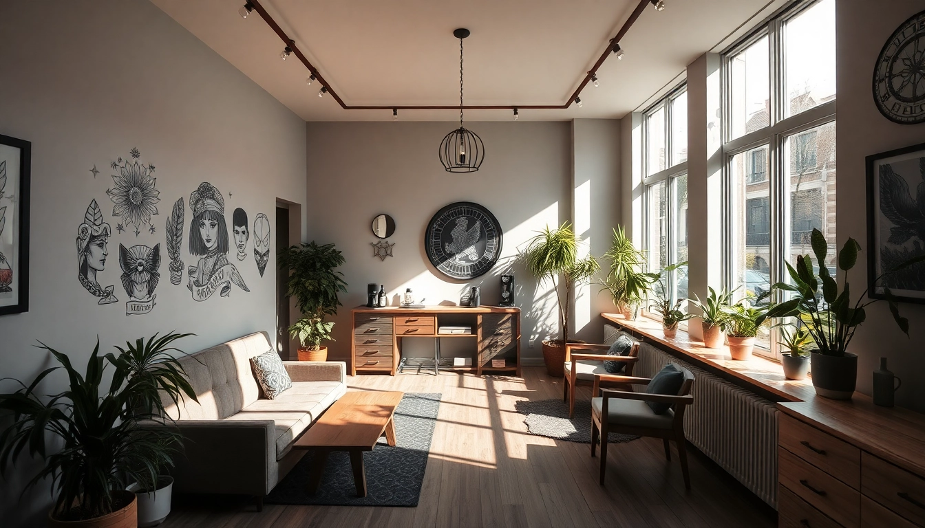 Professionelle Tätowierung im Tattoo Studio München, modern gestaltet mit einzigartigen Kunstwerken an der Wand.