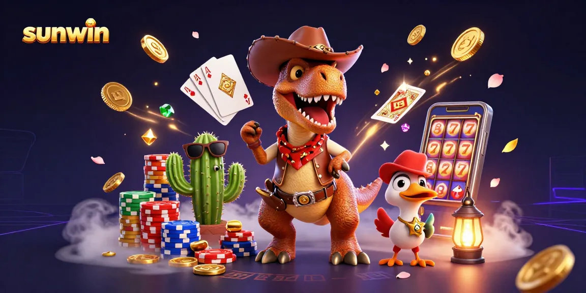Join the fun at sunwin with a lively cowboy dinosaur and friends in a vibrant casino scene.