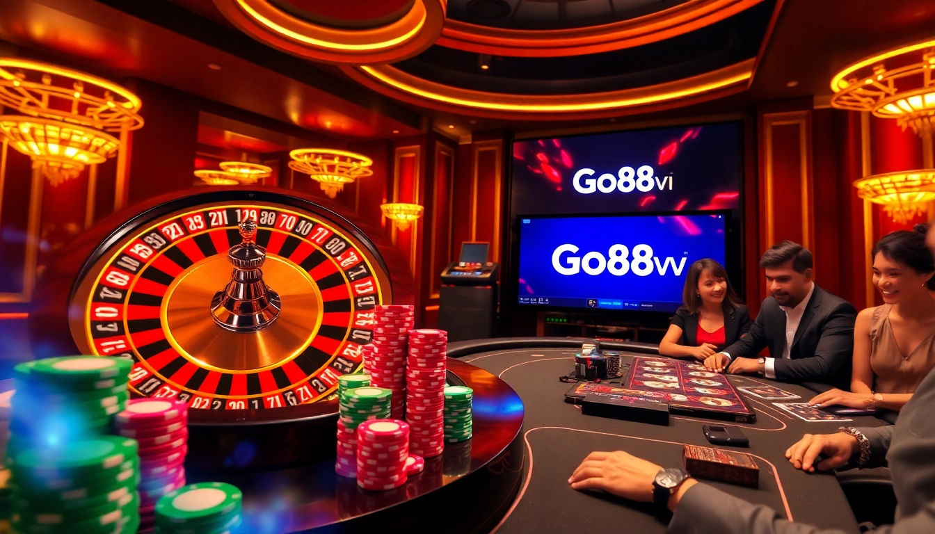 Engage with lively online gambling at Go88vn featuring exciting casino tables and vibrant poker chips.