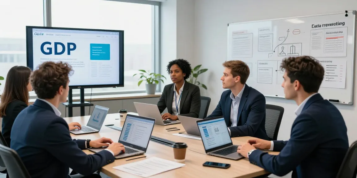 Engaged team discussing Datenschutz Dienstleistung strategies in a modern office.