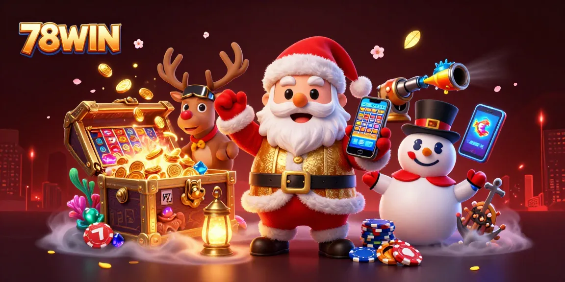 Experience the excitement of 78WIN with Santa, reindeer, and a snowman in an action-packed casino scene.