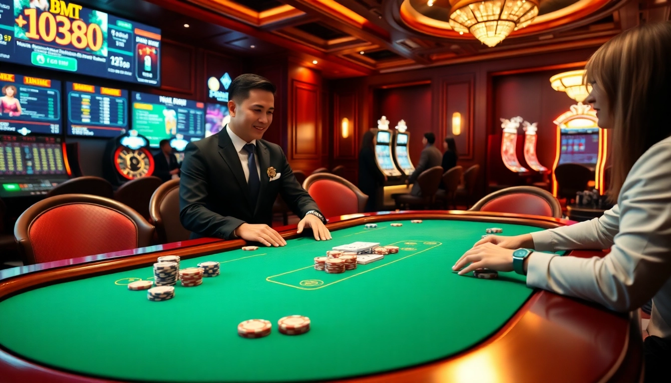 Experience the excitement of high-stakes gaming at https://x88casino.net/ with luxurious poker tables and vibrant casino elements.