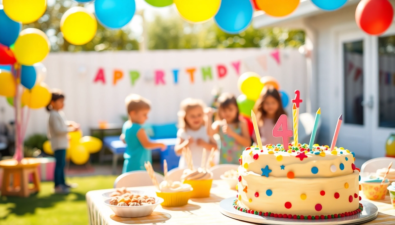 Kindergeburtstag 4 Jahre mit festlicher Dekoration und glücklichen Kindern beim Spielen
