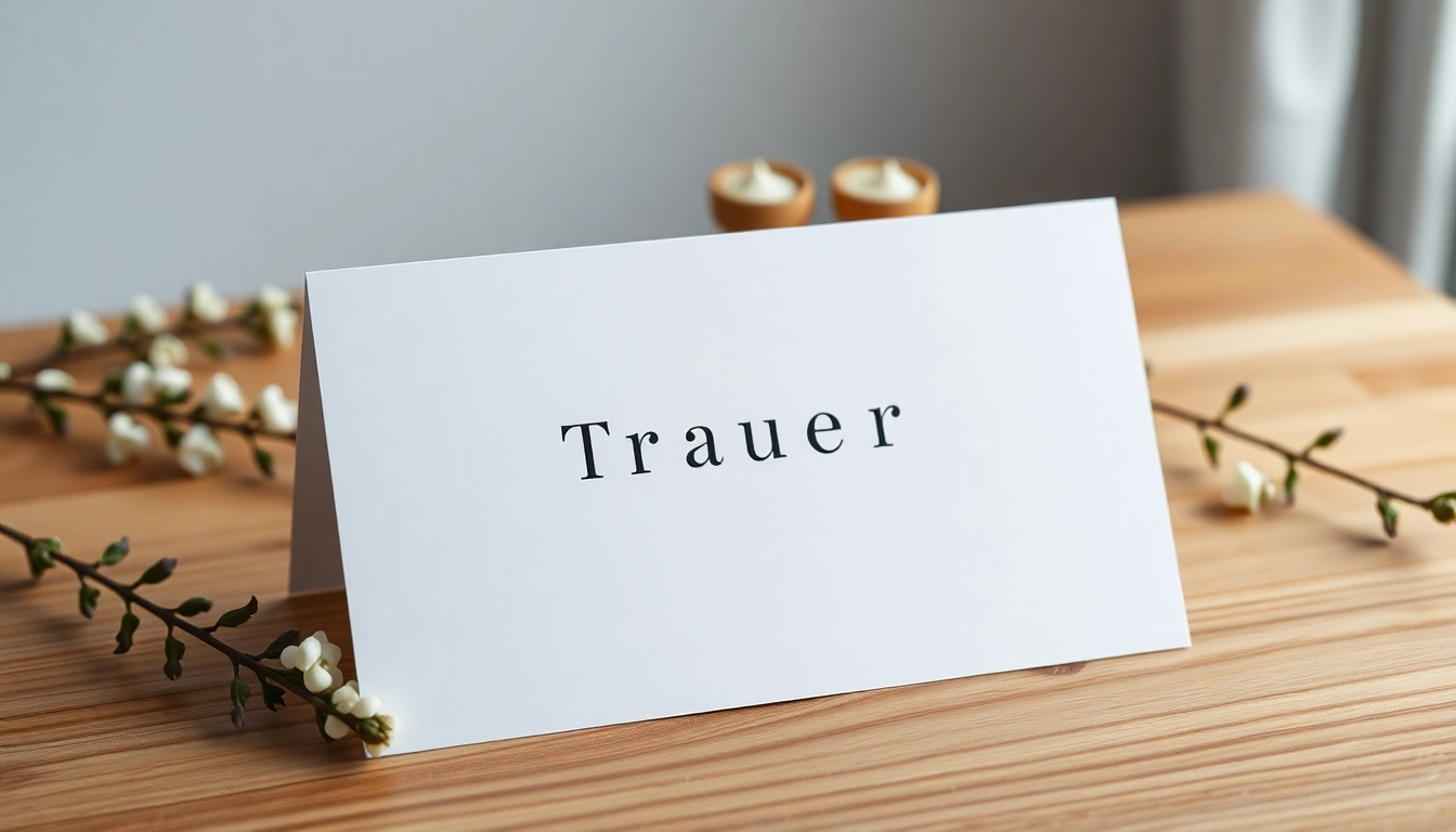Gestalte Trauerkarten elegant am Tisch, umgeben von ruhigen Farben und Kerzenlicht.