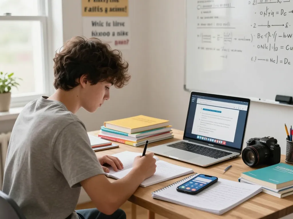 Student, der sich auf Hausaufgaben konzentriert und Hausaufgaben lösen Anwendungen in einem hellen Studienraum nutzt.