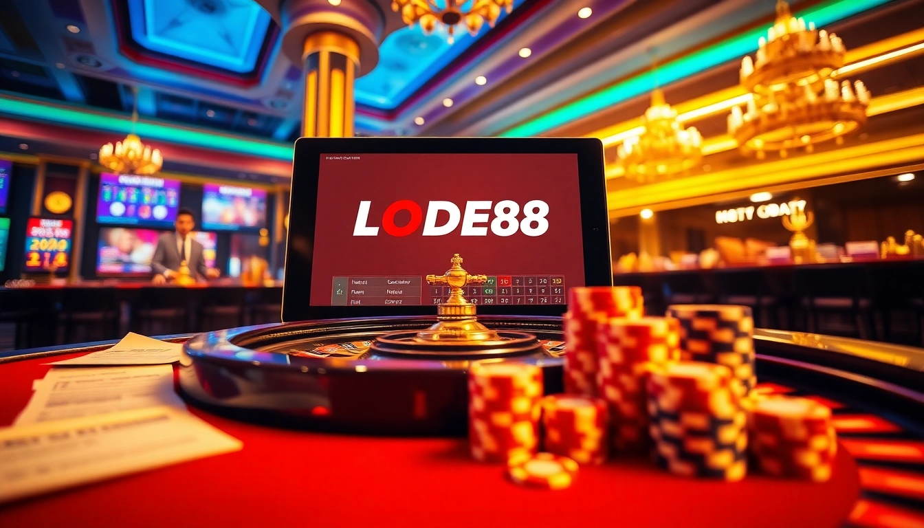 Experience LODE88's thrilling online gambling interface with an elegant casino backdrop.
