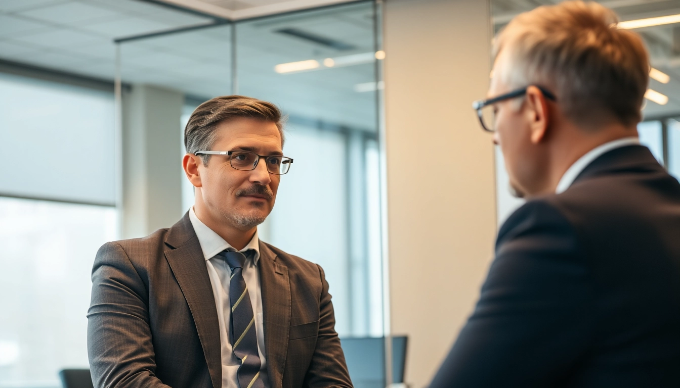 Headhunter in einem modernen Büro, engagiert im Gespräch mit einem Kandidaten zur Optimierung der Karrierechancen.