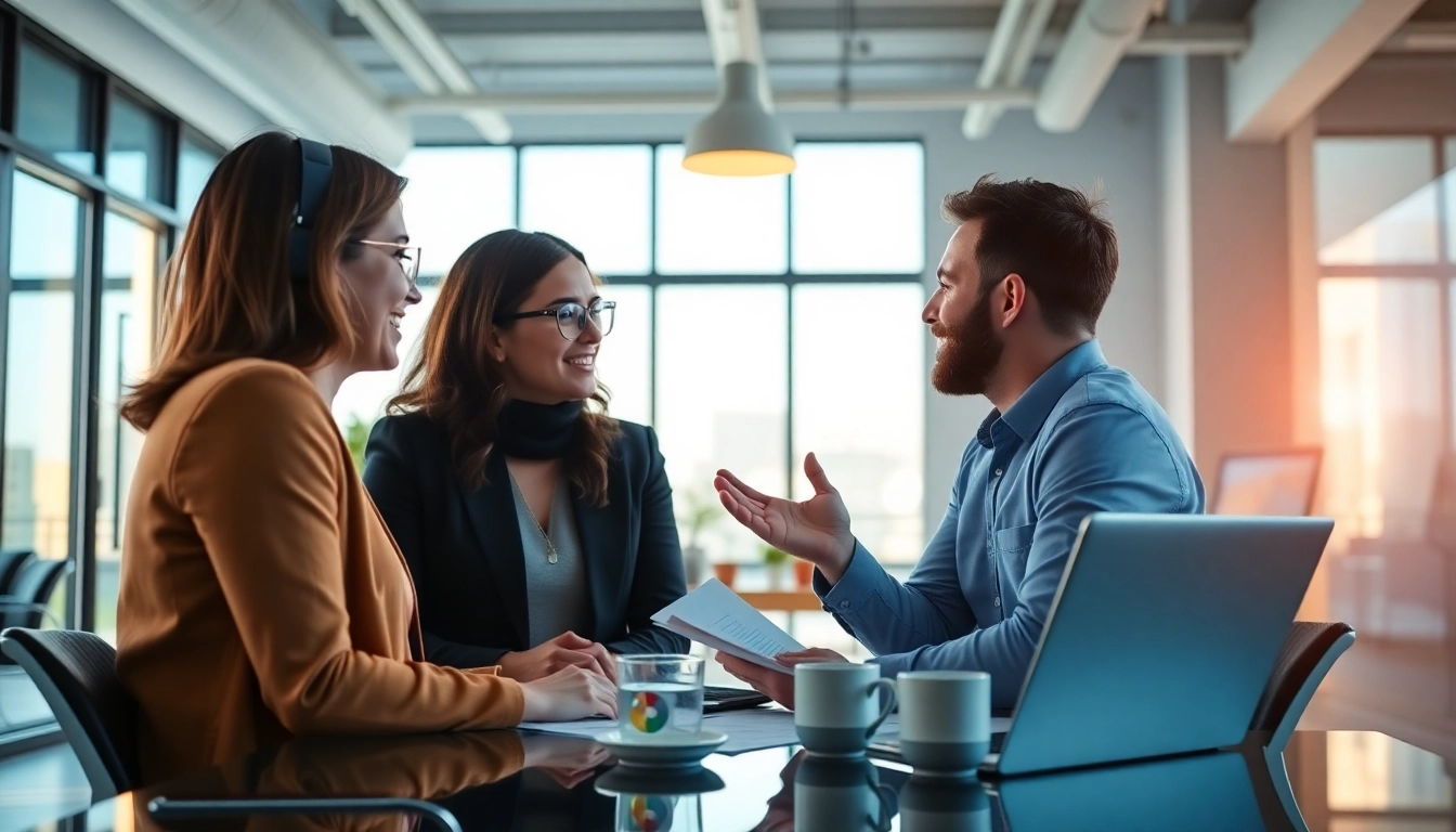 Consultant discussing Unternehmensberatung strategies with clients in a modern office setting.