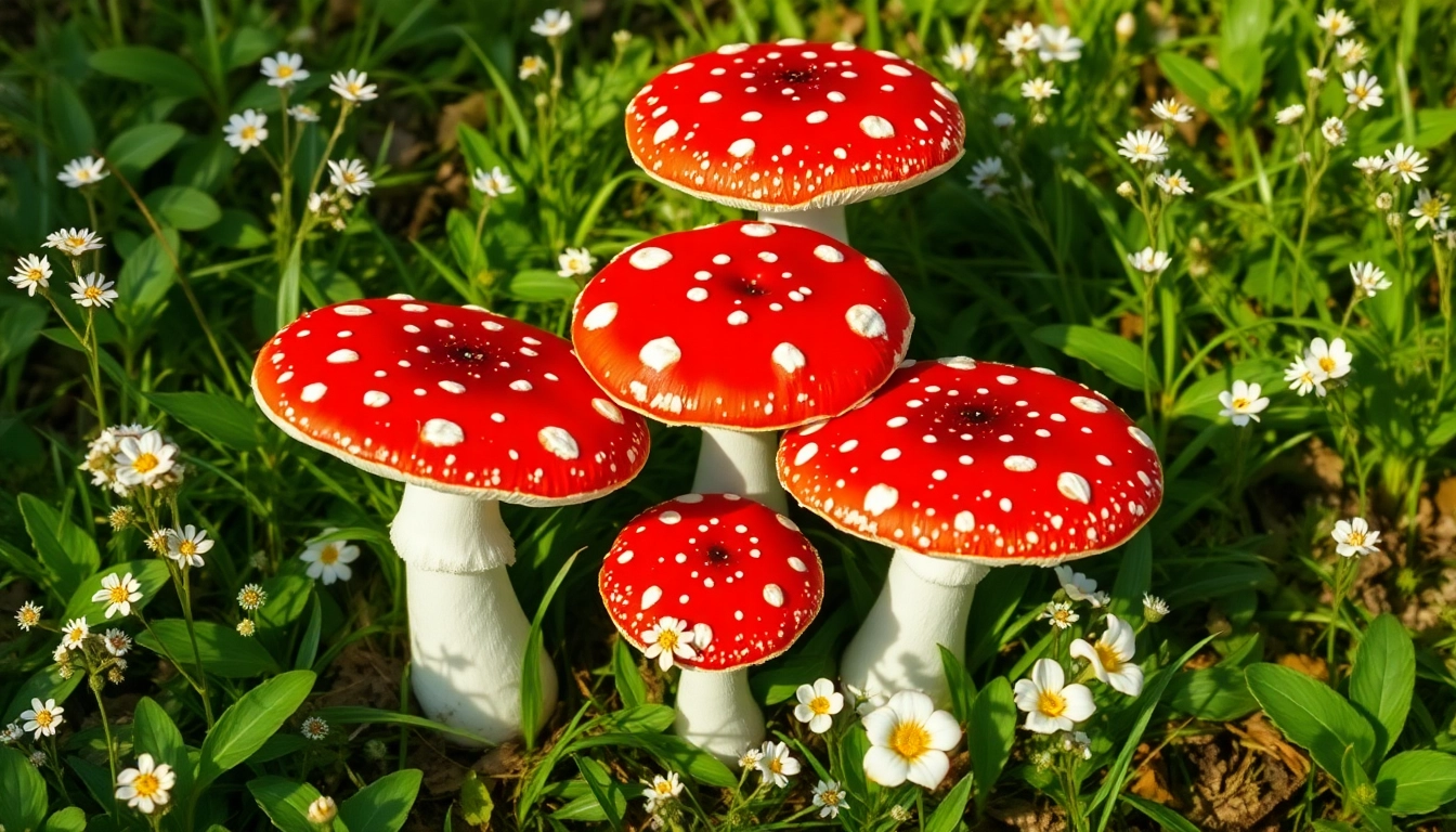Amanita muscaria kaufen: Auffällige rote Kappen mit weißen Punkten in einem üppigen Wald Hintergrund.