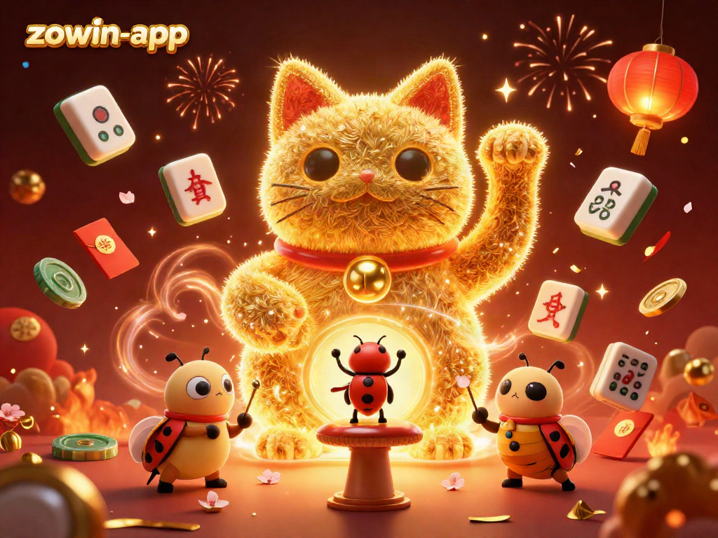 Experience the excitement of zowin-app with a vibrant lucky cat and dynamic casino symbols.