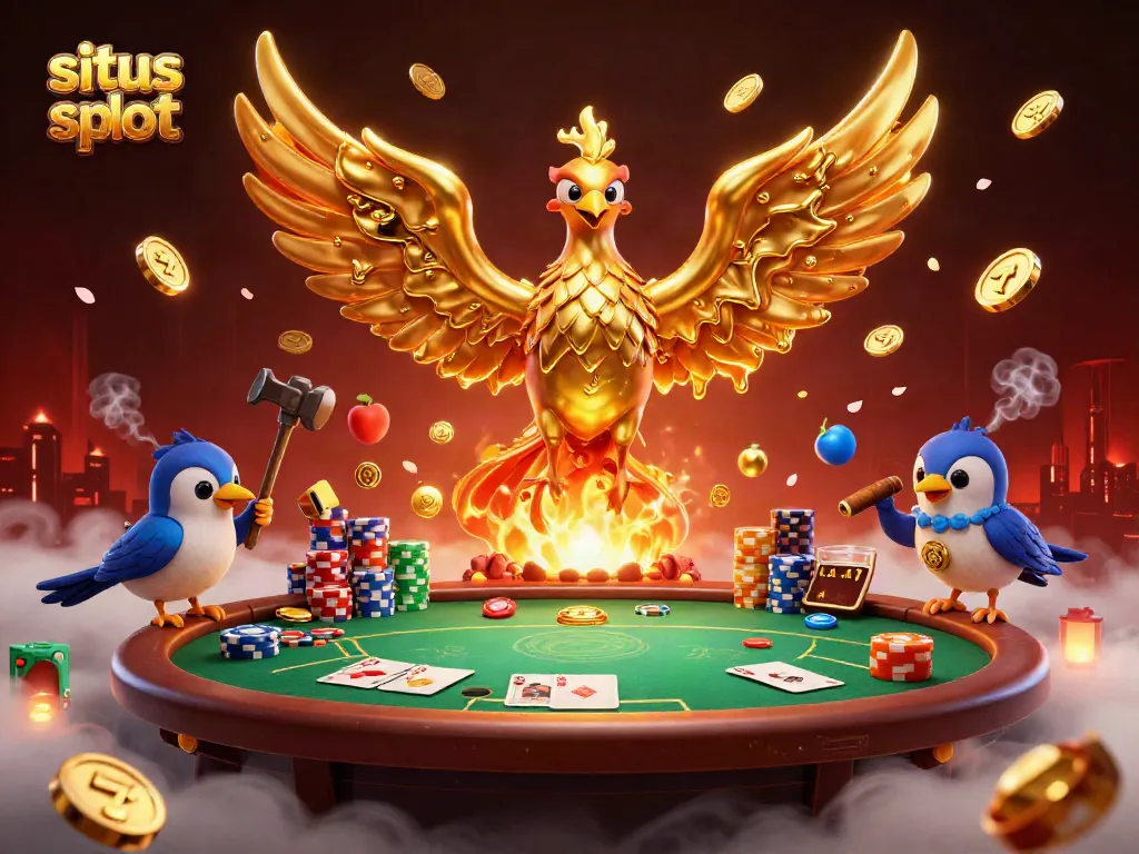 Experience excitement at situs slot with molten phoenix and poker chips amidst vibrant slot elements.