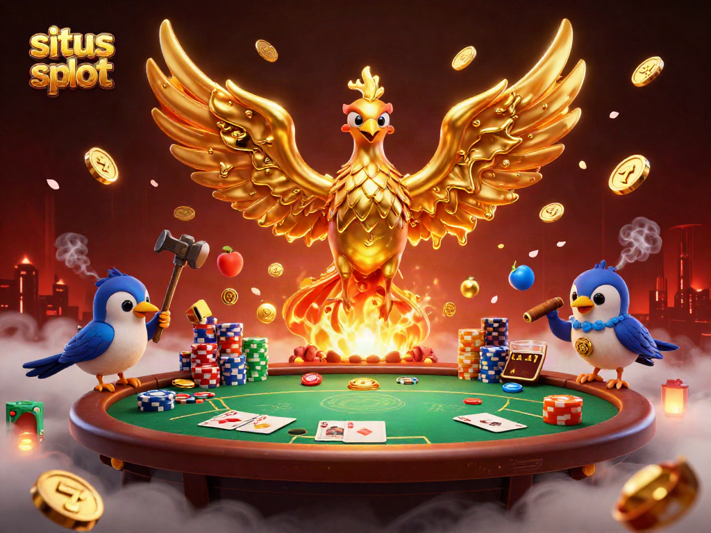 Experience excitement at situs slot with molten phoenix and poker chips amidst vibrant slot elements.