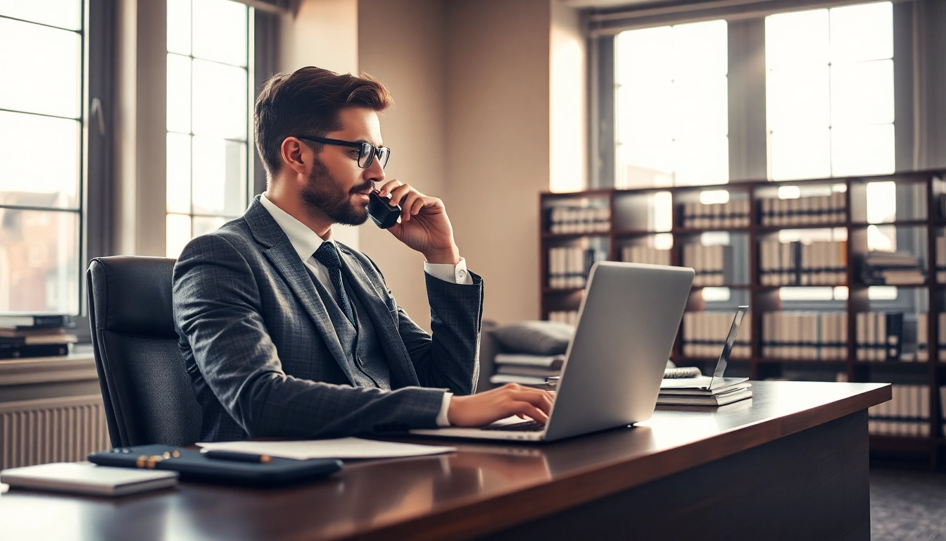 Headhunter Chemnitz, der in einem modernen Büro effektiv arbeitet, am Schreibtisch sitzend.