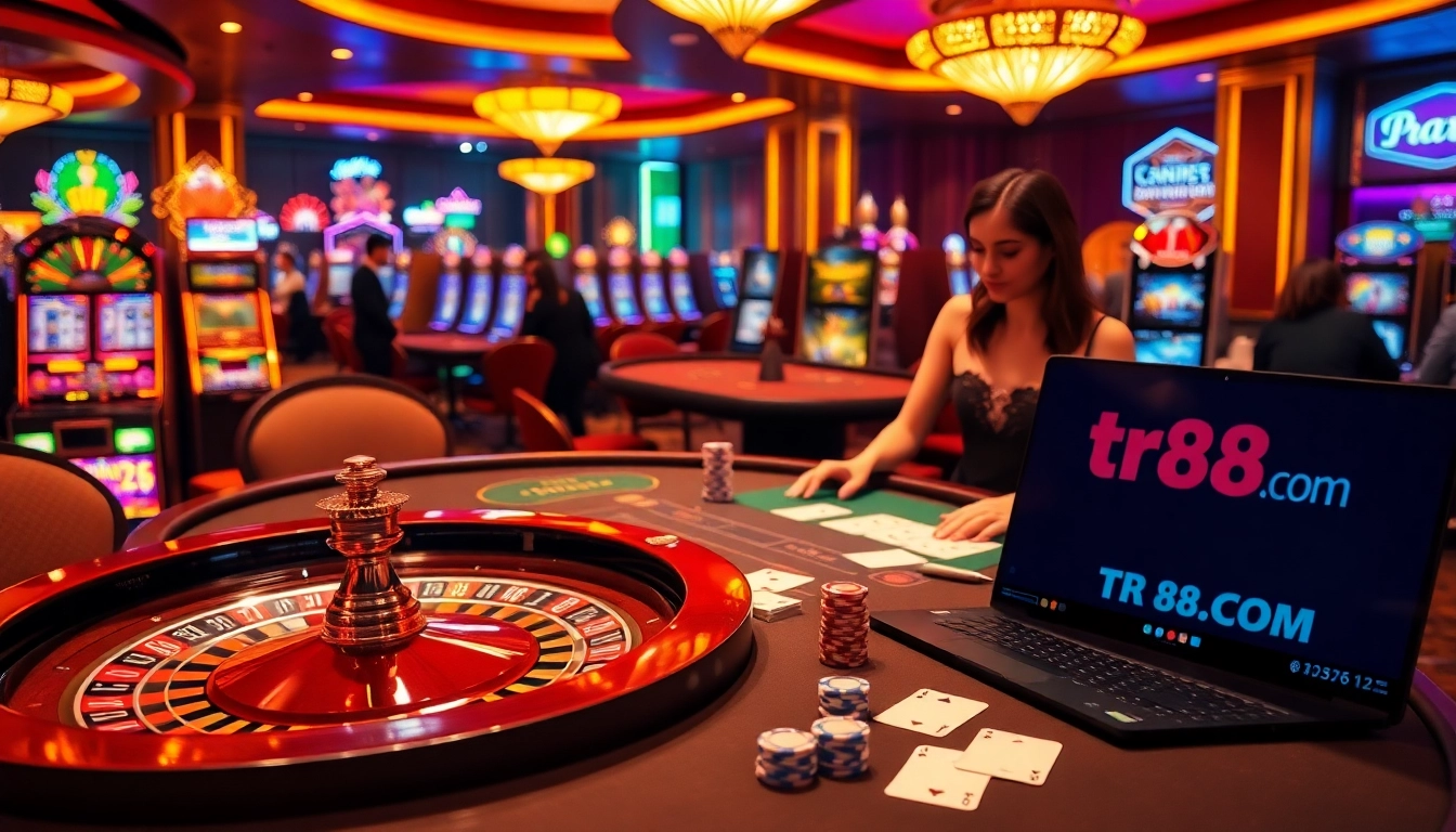 Experience high-stakes gaming with tr88 com at an elegant casino table featuring roulette and poker.