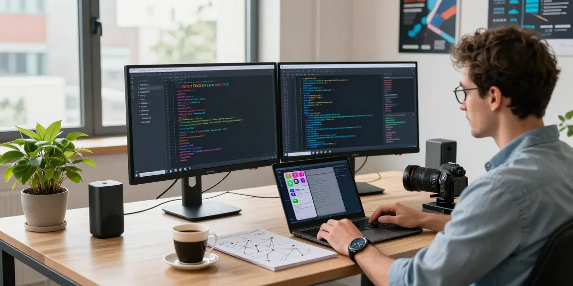 Professional at a tech workspace managing Smart DNS Anbieter services with dual monitors and coding tools.