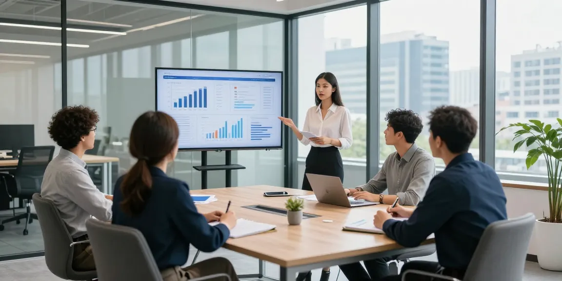 In einem modernen Büroraum wird Führung anonym bewertet, während ein Team an einem Meeting teilnimmt und Daten analysiert.