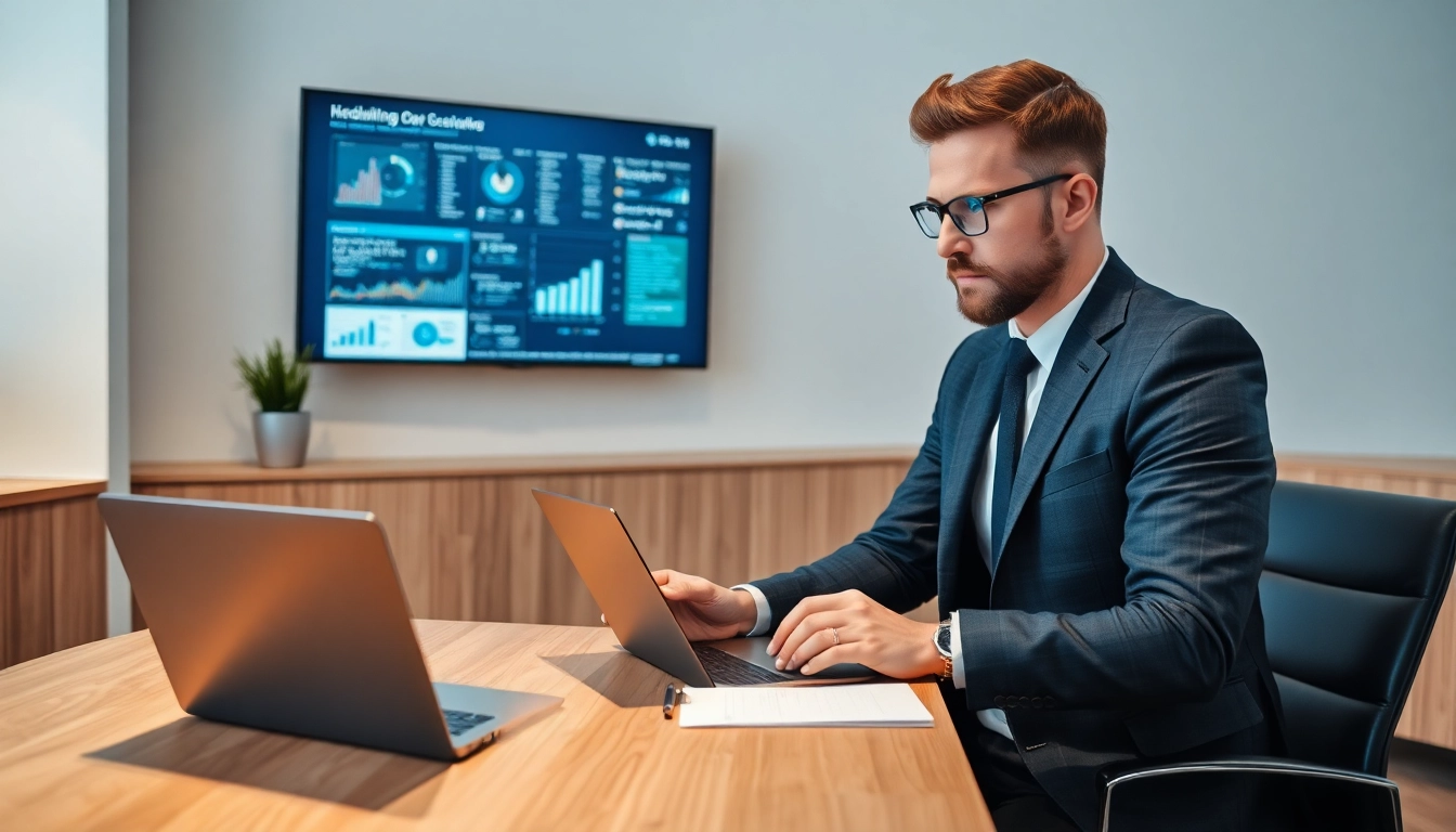 Headhunter Berlin analysiert Daten in einem modernen Büro, um die besten Talente zu rekrutieren.