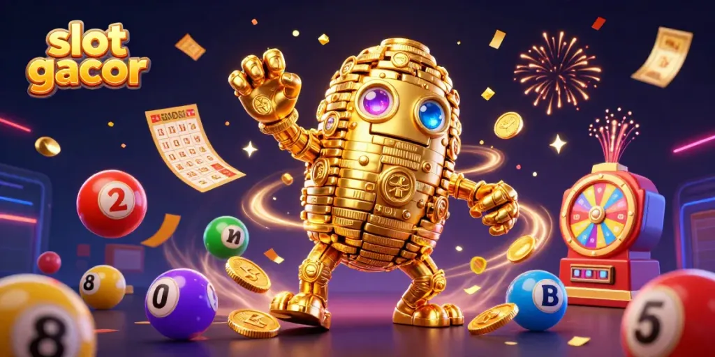 Engage with slot gacor in a vibrant casino scene filled with animated characters and festive elements.