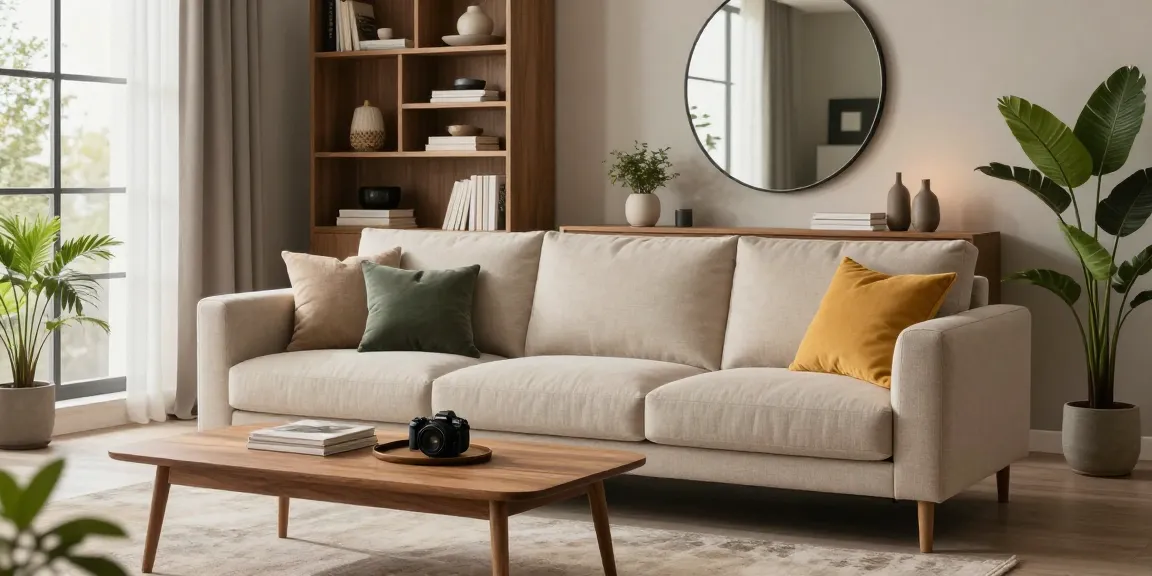 Stilvolles Wohnzimmer mit modernen Möbeln aus einem Möbel Shop online, das helles Tageslicht und dekorative Elemente präsentiert.
