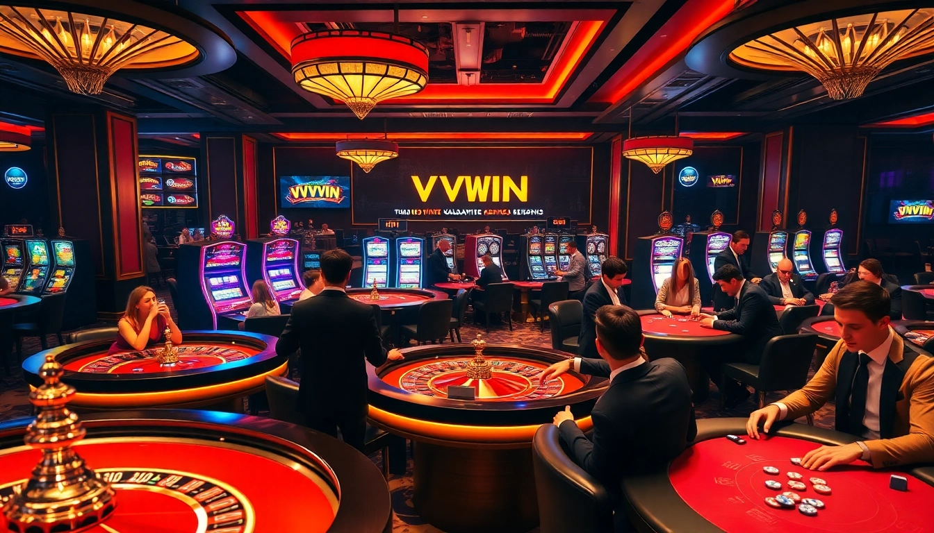 Excited players engaging in luxury gameplay at VVVWIN casino, showcasing roulette tables and vibrant slot machines.