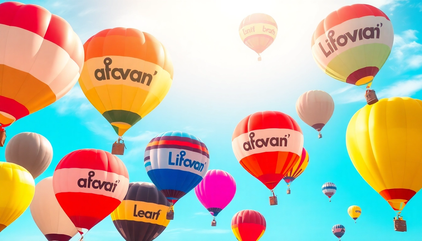 Luftballons bedrucken mit bunten Designs und Größen in einem sonnigen Himmel hinterlegt.