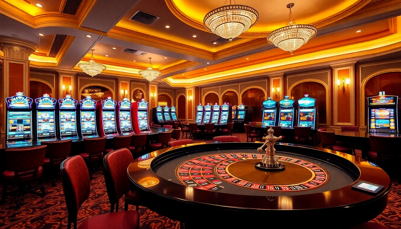 Erleben Sie den Casino Bonus in einem eleganten Casino-Interieur mit einem Roulette-Tisch und Spielautomaten.