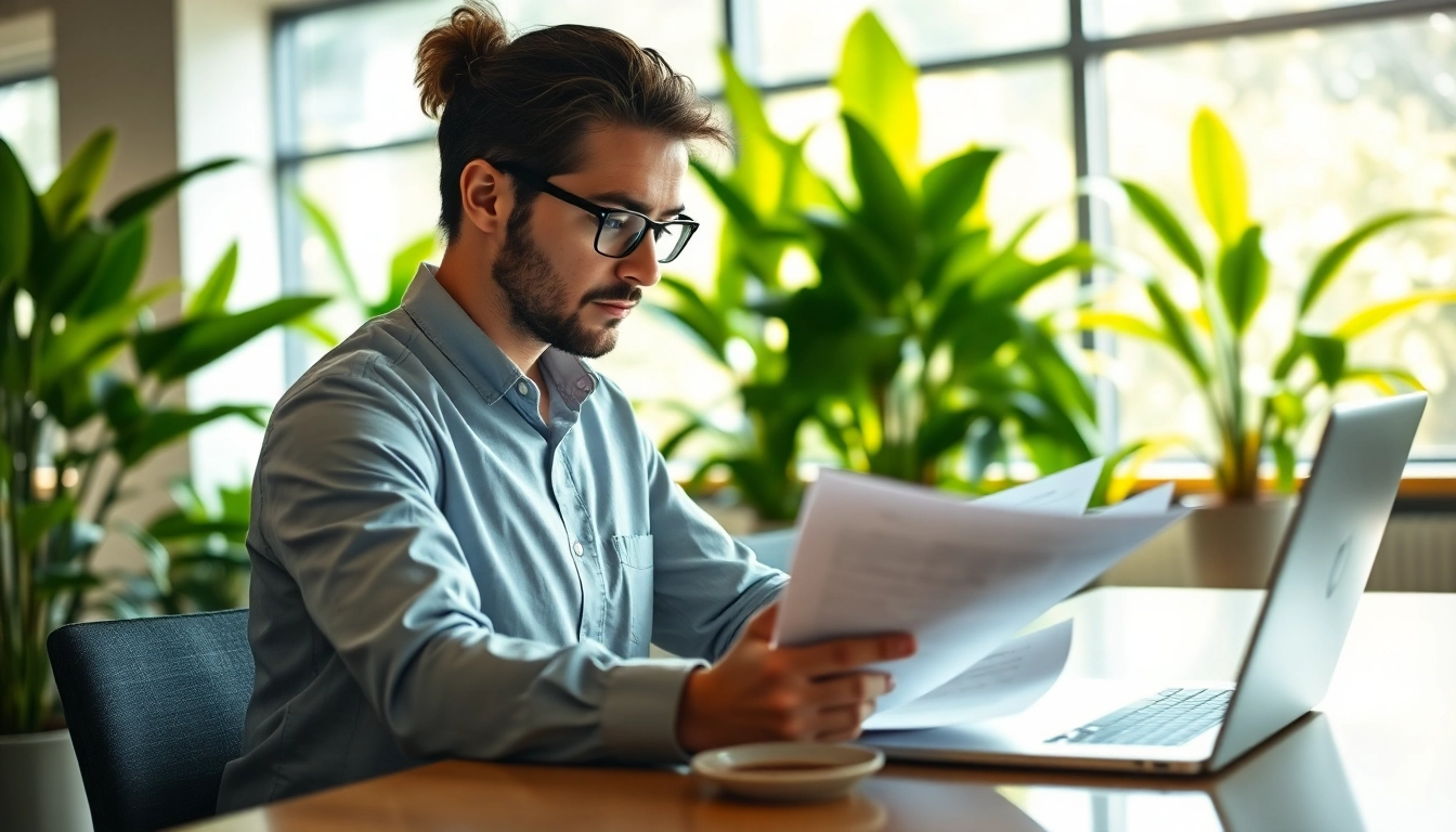 Professionelle Personalvermittlung mit einem Berater, der Lebensläufe in einem modernen Büro überprüft.